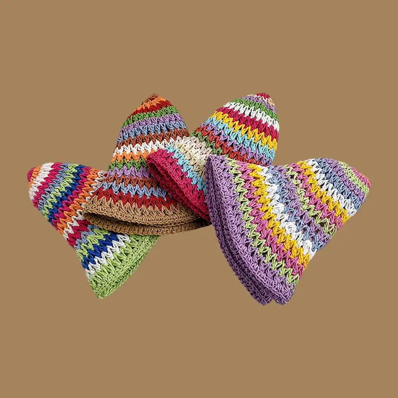 Summer Rainbow Striped Bucket Hat Woman Crochet Beach Fisherman Hat Foldable Handmade Weave Sun Hat Female Panama Wholesale