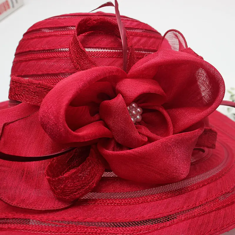 New Fashion Women Summer Organza Sun Hats Wide Brim With Big Flower Fedora Hat Elegant Ladies Wedding Church Party Hat