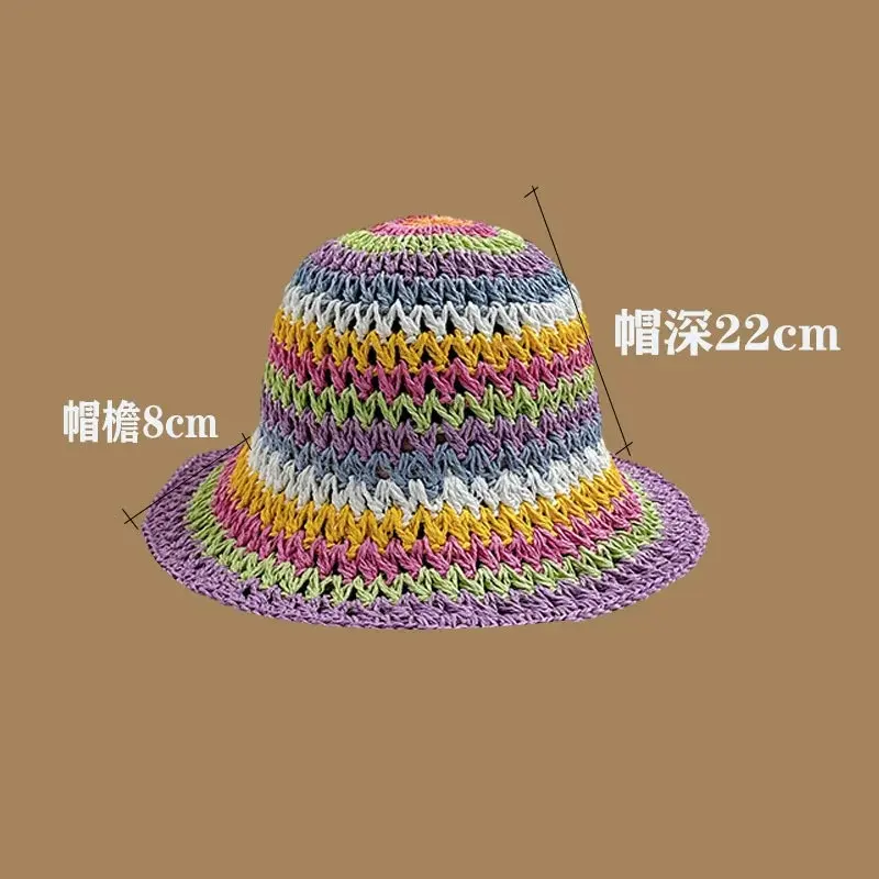 Summer Rainbow Striped Bucket Hat Woman Crochet Beach Fisherman Hat Foldable Handmade Weave Sun Hat Female Panama Wholesale