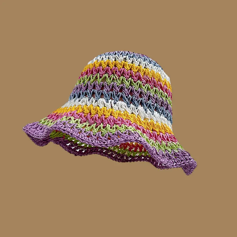 Summer Rainbow Striped Bucket Hat Woman Crochet Beach Fisherman Hat Foldable Handmade Weave Sun Hat Female Panama Wholesale