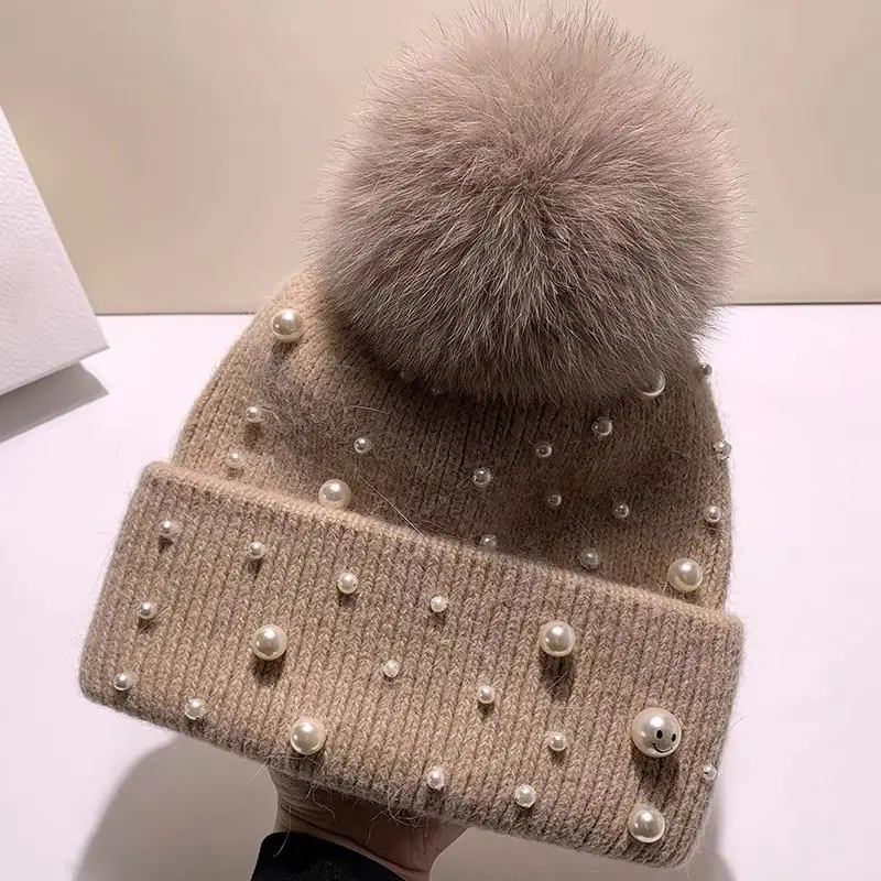 New Autumn And Winter Woolen Hat For Women, Thickened And Warm Ear Protection Rabbit Fur Hat, Real Fox Fur Ball Knitted Hat