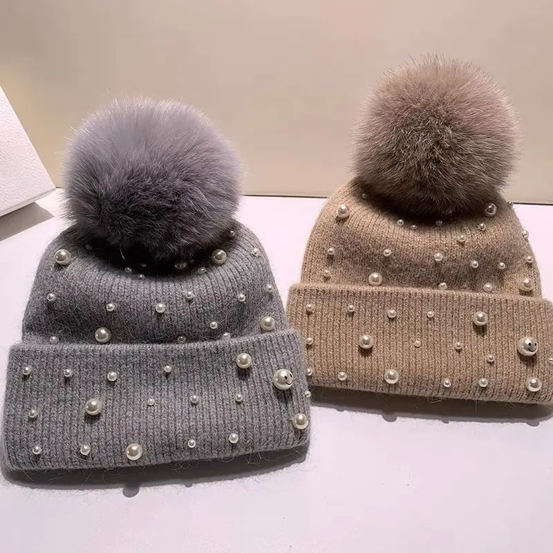 New Autumn And Winter Woolen Hat For Women, Thickened And Warm Ear Protection Rabbit Fur Hat, Real Fox Fur Ball Knitted Hat