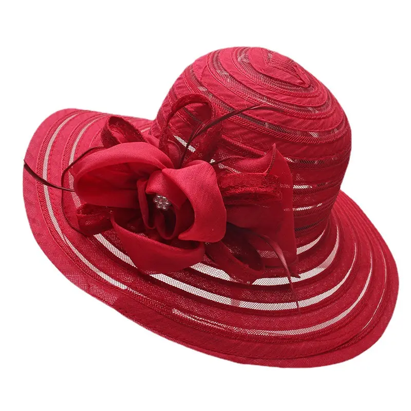 New Fashion Women Summer Organza Sun Hats Wide Brim With Big Flower Fedora Hat Elegant Ladies Wedding Church Party Hat