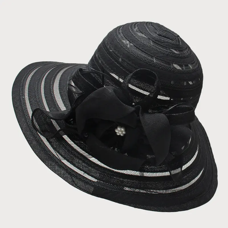 New Fashion Women Summer Organza Sun Hats Wide Brim With Big Flower Fedora Hat Elegant Ladies Wedding Church Party Hat
