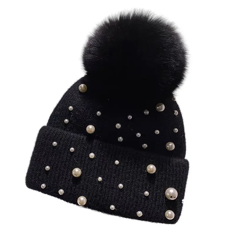New Autumn And Winter Woolen Hat For Women, Thickened And Warm Ear Protection Rabbit Fur Hat, Real Fox Fur Ball Knitted Hat