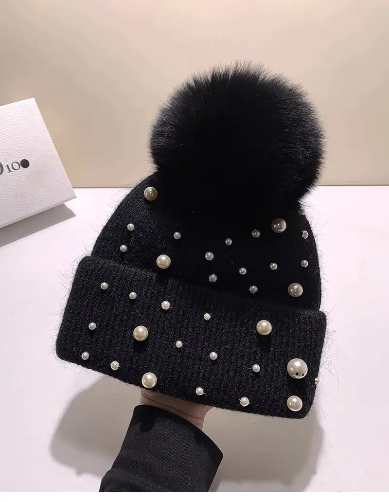 New Autumn And Winter Woolen Hat For Women, Thickened And Warm Ear Protection Rabbit Fur Hat, Real Fox Fur Ball Knitted Hat