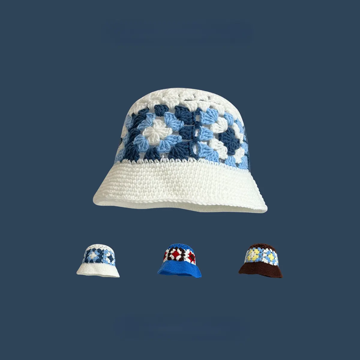 Handmade Crochet Flower Bucket Hat for Girls Korean Hot Travel Beach Panama Caps Design Knitted Hat Winter Beanie Wool Warm Cap