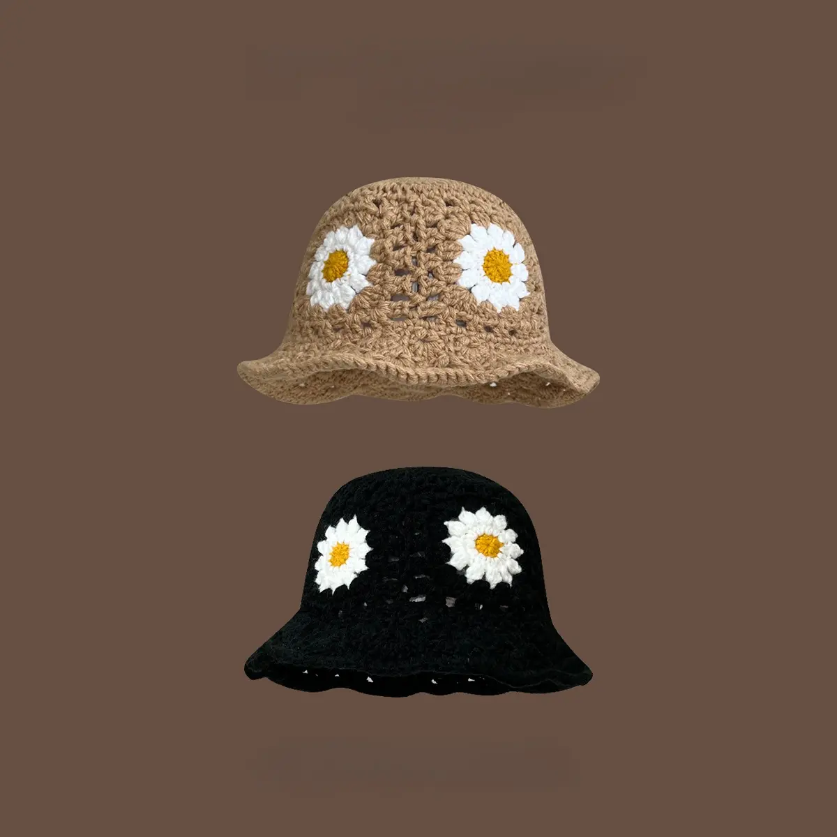 Handmade Crochet Flower Bucket Hat for Girls Korean Hot Travel Beach Panama Caps Design Knitted Hat Winter Beanie Wool Warm Cap