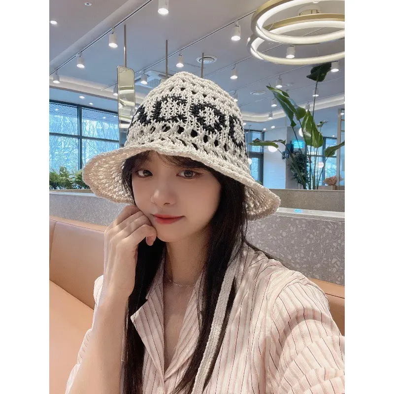 Korean Straw Hat For Women's Beach Outing Sun Hat, Women's Breathable Hollow Fisherman Hat, Large Brim Sun Hat