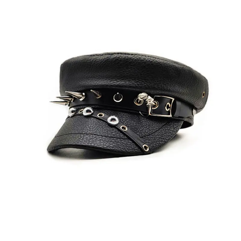 Korean Version 2024 New Original Spicy Girl Leopard Print Rivet Leather Buckle Flat Top Hat Subculture Leather Newsboy Hat