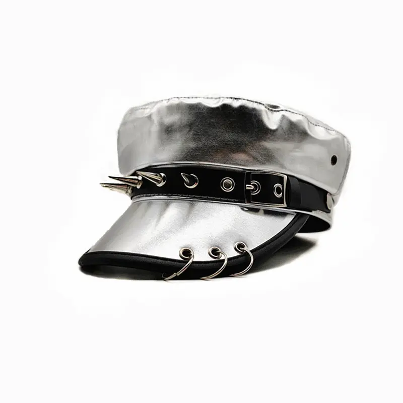 Korean Version 2024 New Original Spicy Girl Leopard Print Rivet Leather Buckle Flat Top Hat Subculture Leather Newsboy Hat