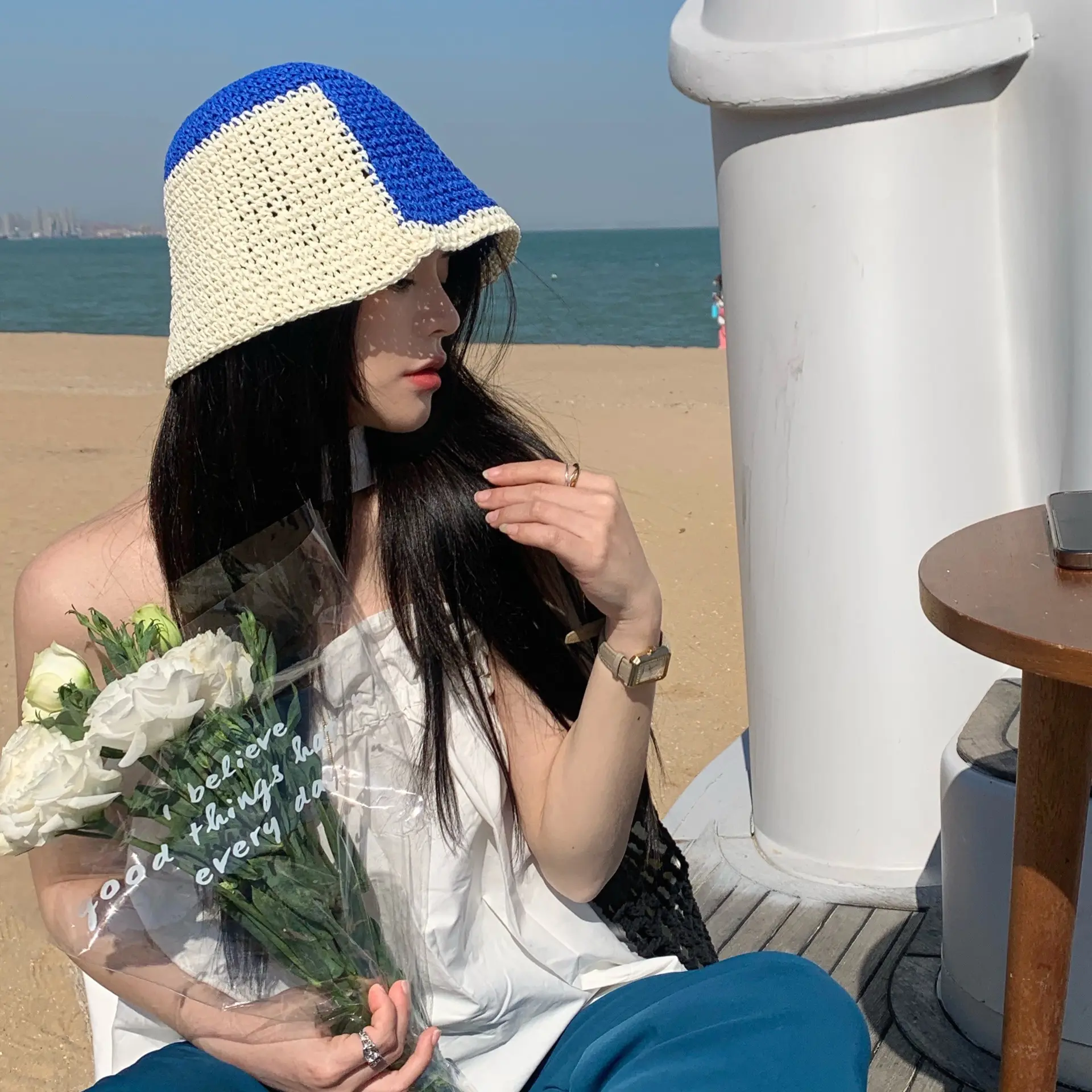 2022 New Summer Stitching Bucket Hat Female Hollow Breathable Straw Fisherman Hats Outdoor Leisure Sunshade Sunscreen Bob Cap