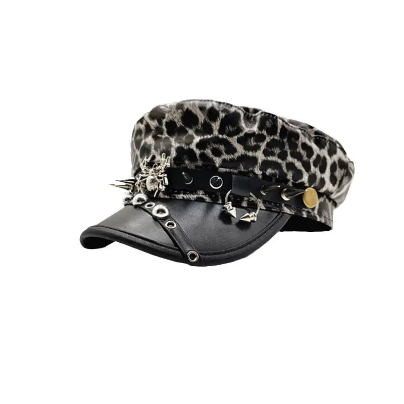 Korean Version 2024 New Original Spicy Girl Leopard Print Rivet Leather Buckle Flat Top Hat Subculture Leather Newsboy Hat