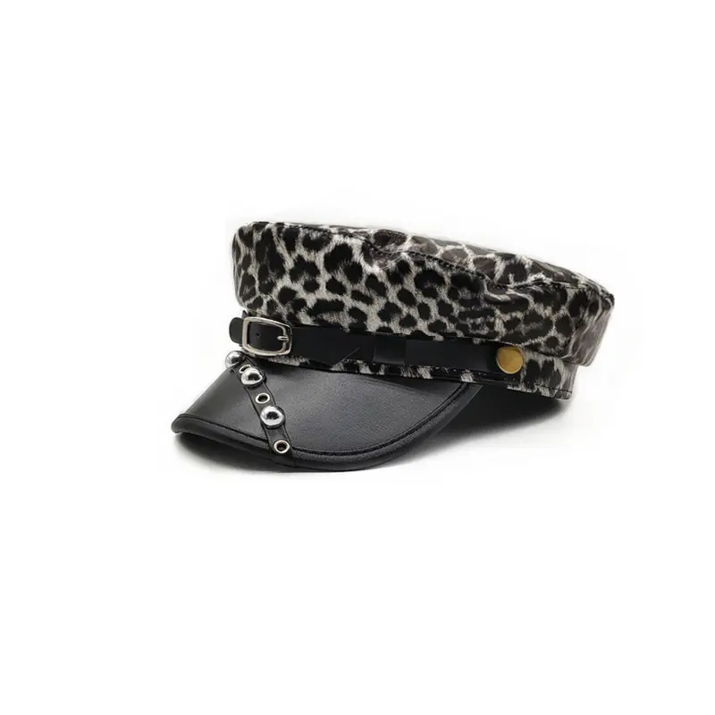 Korean Version 2024 New Original Spicy Girl Leopard Print Rivet Leather Buckle Flat Top Hat Subculture Leather Newsboy Hat