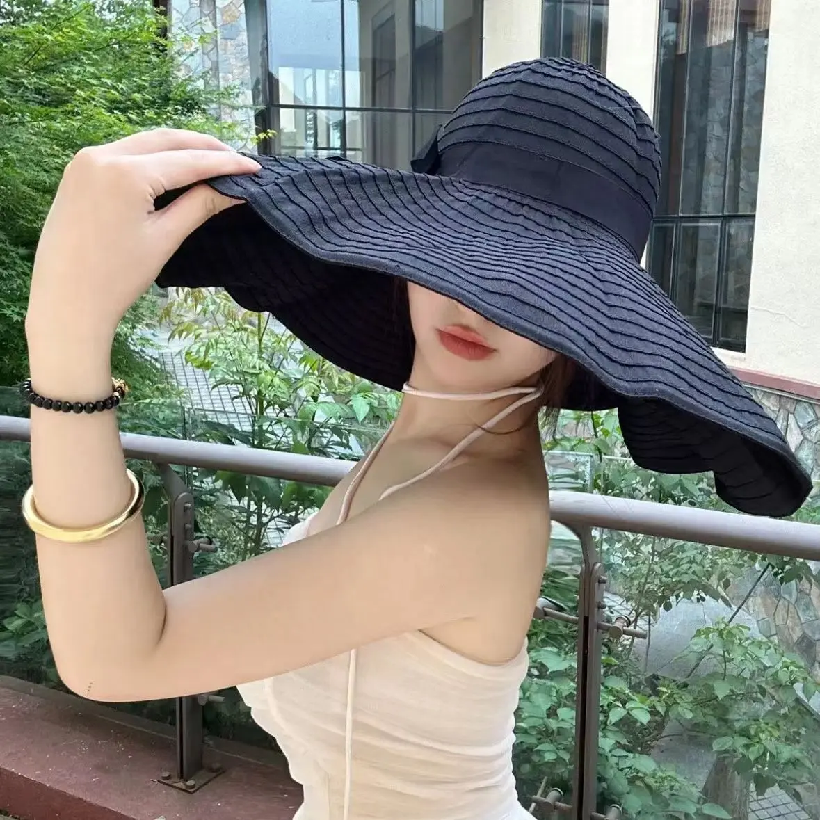 Summer Fashion Foldable Sun Hat For Face Protection And Sun Protection, Fisherman Hat With Bow And Large Brim Outdoor Sun Hat