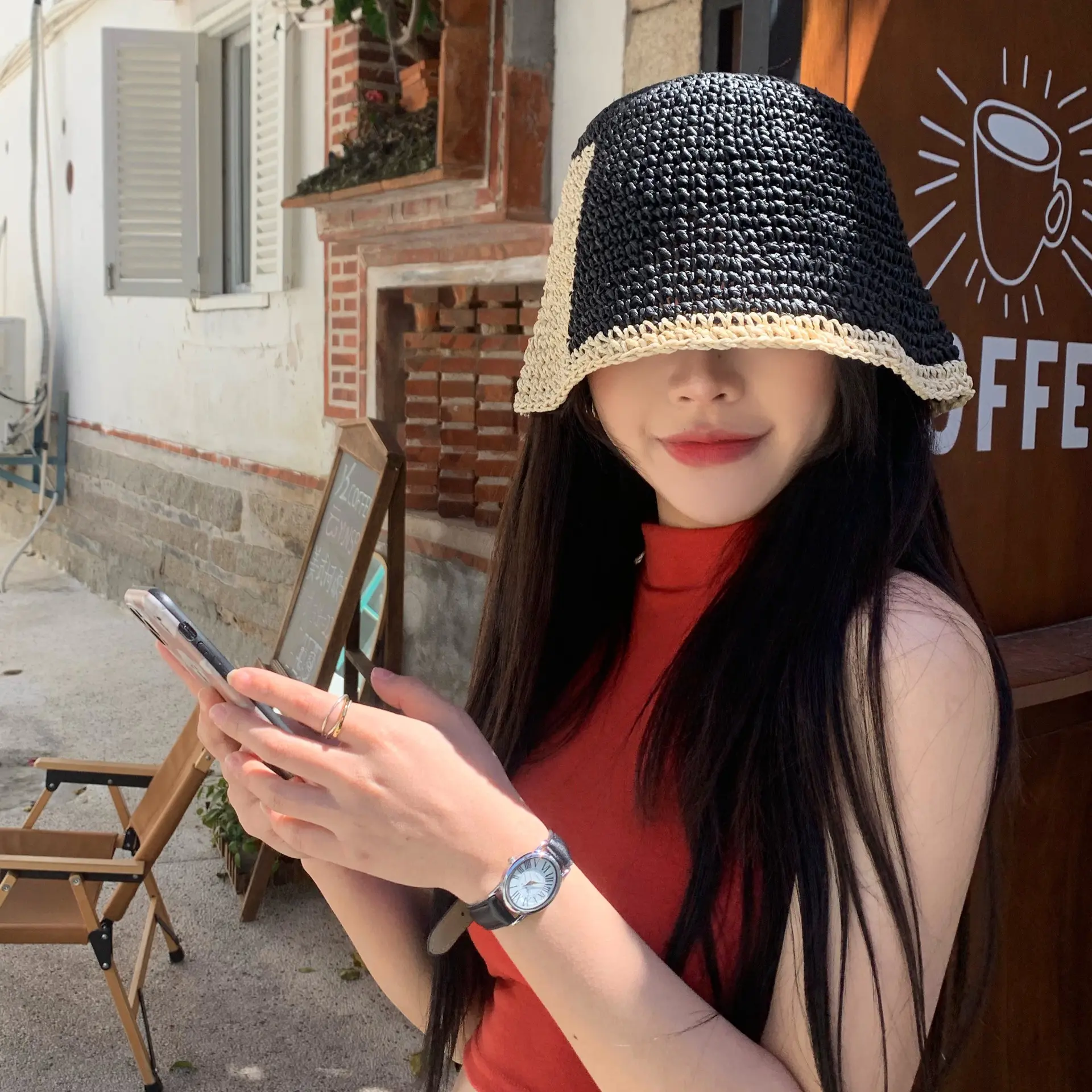 2022 New Summer Stitching Bucket Hat Female Hollow Breathable Straw Fisherman Hats Outdoor Leisure Sunshade Sunscreen Bob Cap