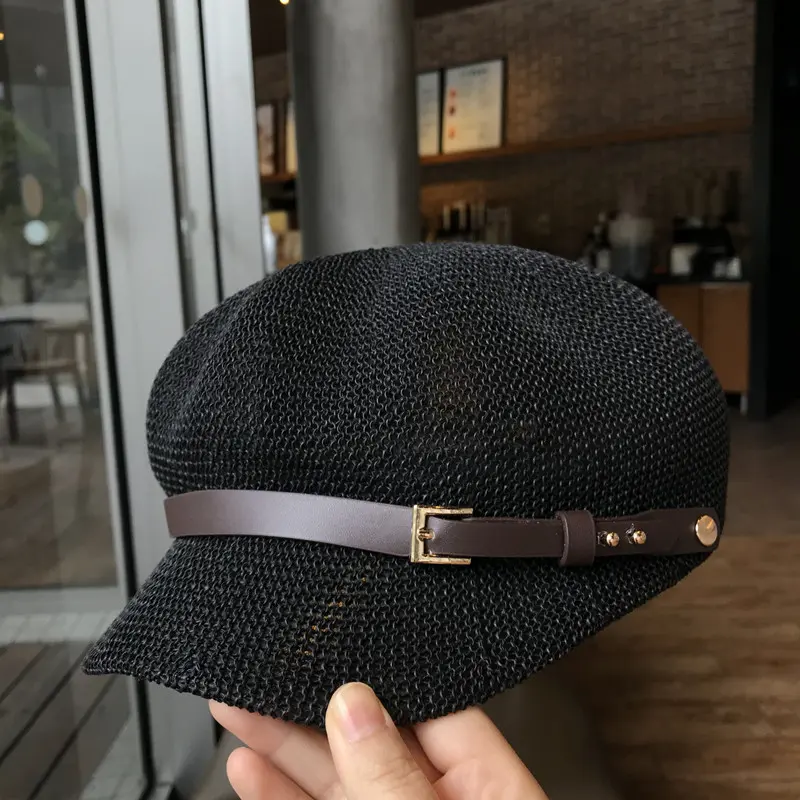 2023 Octagonal Cap Straw Women Summer Thin Newsboy Cap Painter Adjustable Rope Knitted Beret Mesh Breathable Beach straw hat