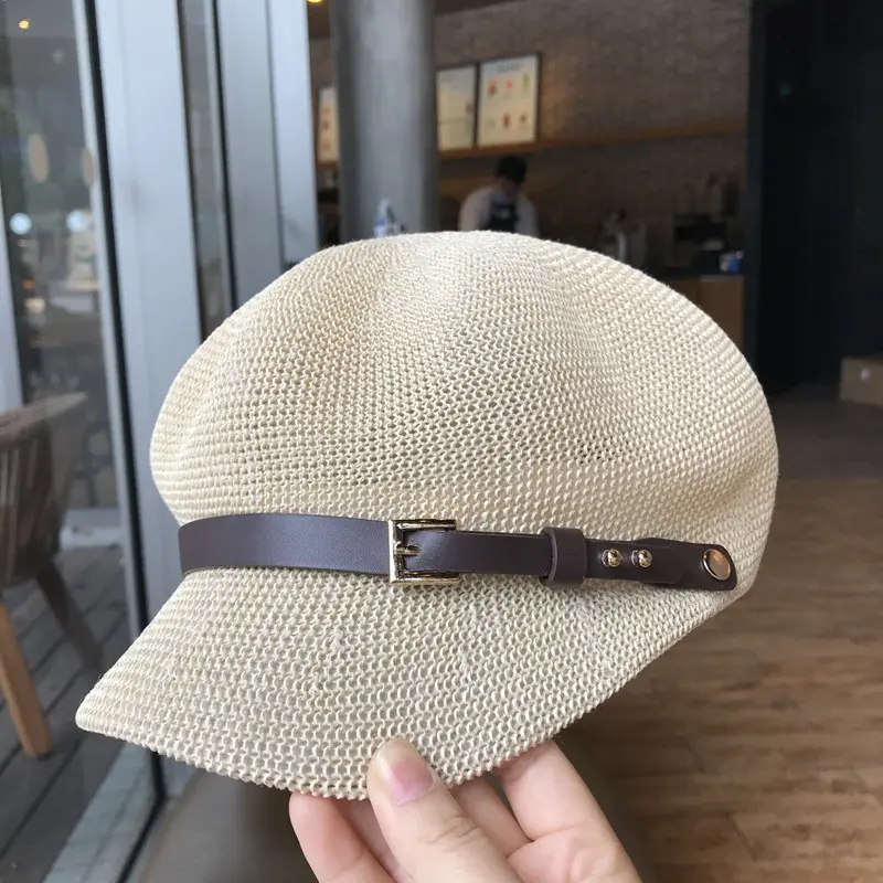 2023 Octagonal Cap Straw Women Summer Thin Newsboy Cap Painter Adjustable Rope Knitted Beret Mesh Breathable Beach straw hat