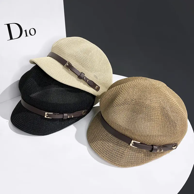 2023 Octagonal Cap Straw Women Summer Thin Newsboy Cap Painter Adjustable Rope Knitted Beret Mesh Breathable Beach straw hat