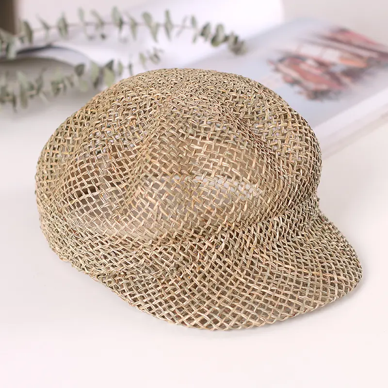 2022 Hand-woven  fashion Straw Women Summer Thin Newsboy Cap Painter Rope Knitted Beret Mesh Breathable Beach straw hat