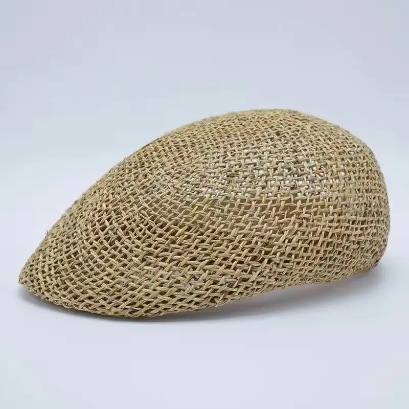 2022 Hand-woven  fashion Straw Women Summer Thin Newsboy Cap Painter Rope Knitted Beret Mesh Breathable Beach straw hat