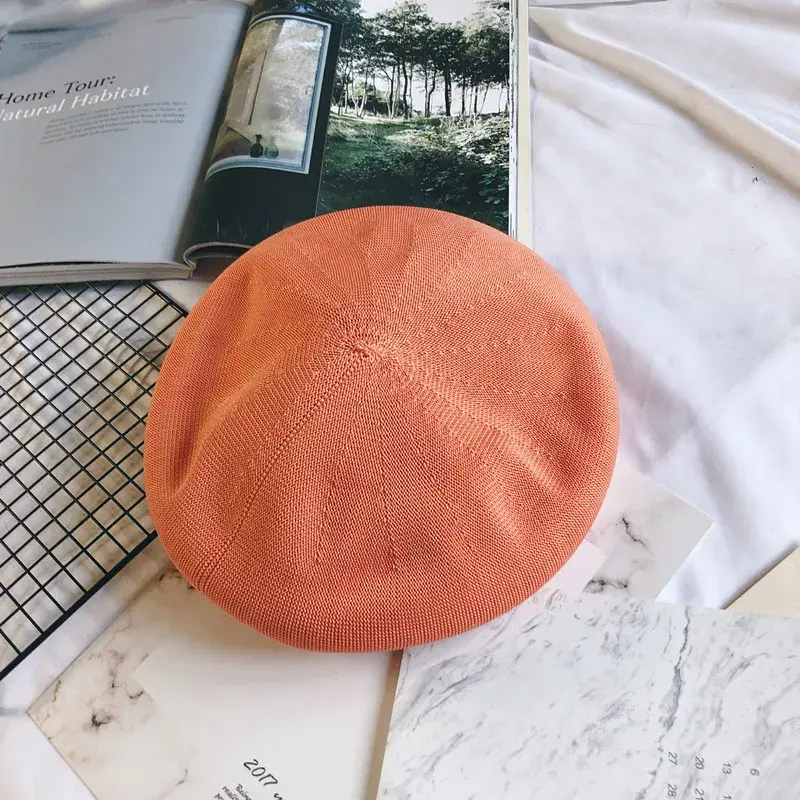 Women Beret Cap Spring Summer Single Thin Breathable Linen Woven Candy Color Beret Hat Net British All-Match Girls Painter Hat