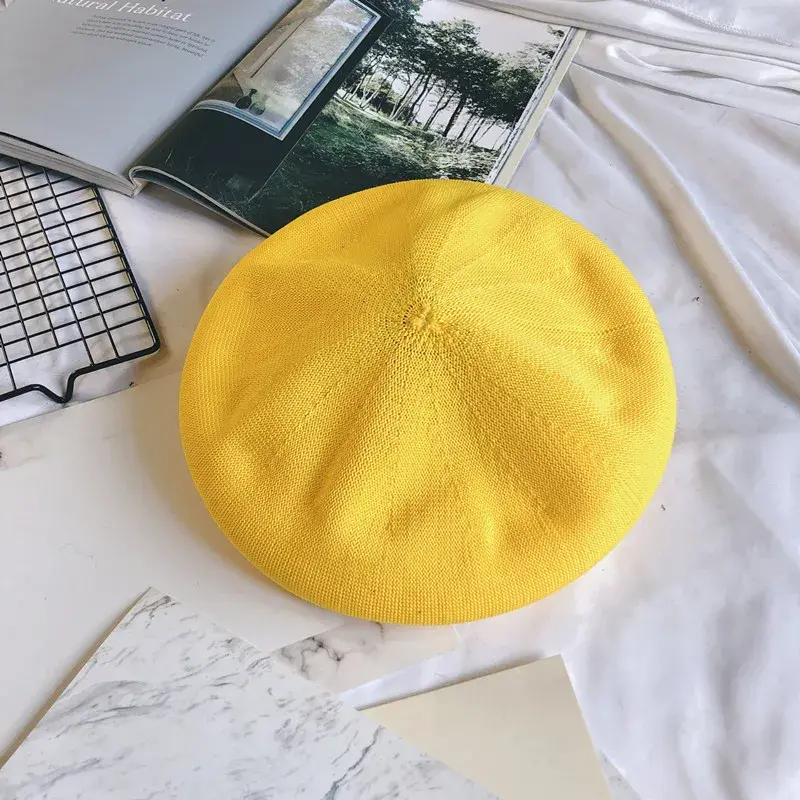 Women Beret Cap Spring Summer Single Thin Breathable Linen Woven Candy Color Beret Hat Net British All-Match Girls Painter Hat