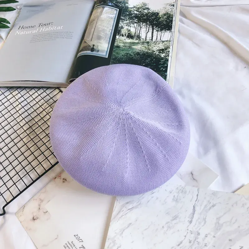 Women Beret Cap Spring Summer Single Thin Breathable Linen Woven Candy Color Beret Hat Net British All-Match Girls Painter Hat