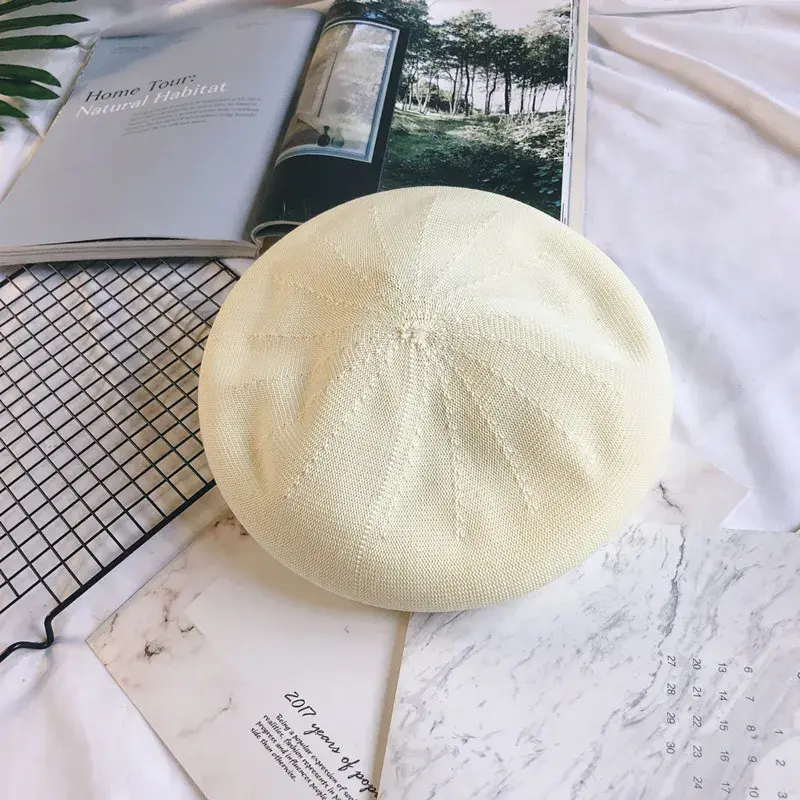 Women Beret Cap Spring Summer Single Thin Breathable Linen Woven Candy Color Beret Hat Net British All-Match Girls Painter Hat