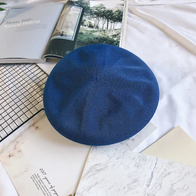 Women Beret Cap Spring Summer Single Thin Breathable Linen Woven Candy Color Beret Hat Net British All-Match Girls Painter Hat