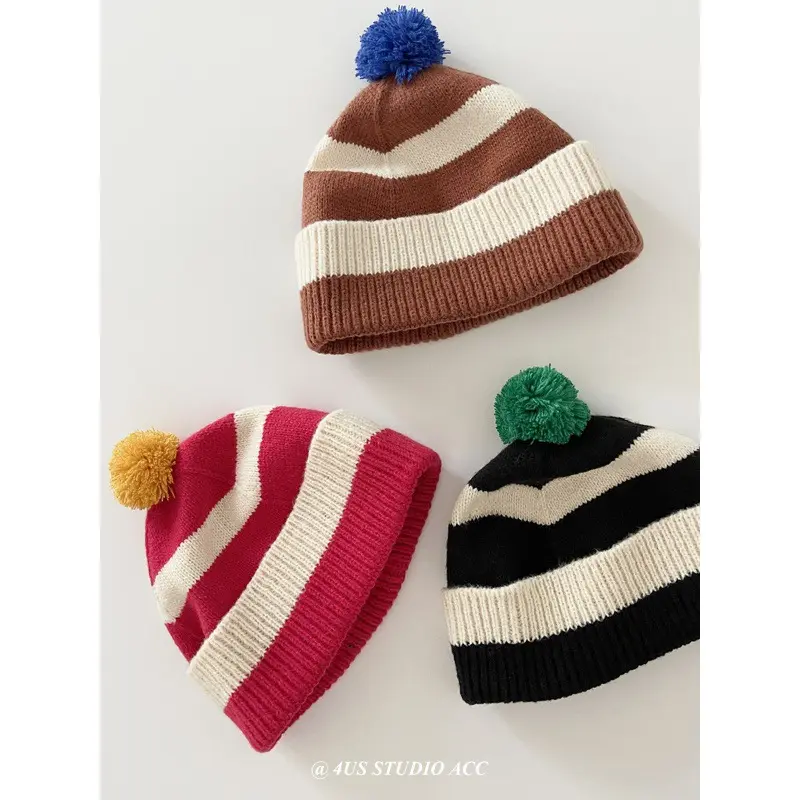 Advanced Striped Contrasting Knitted Hat For Women In Autumn And Winter, Korean Style Trendy Couple Versatile Woolen Hat