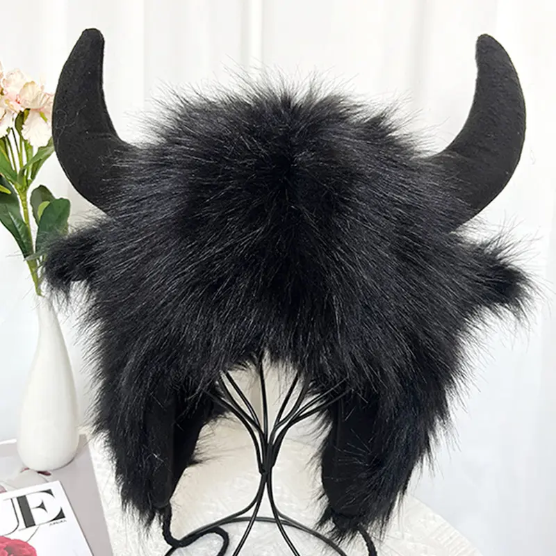 Imitation Fox Hair Cow Horn Ear Protection Hat Personalized Creativity Strange and Funny Warm Thick Winter Ear Protection Woolen