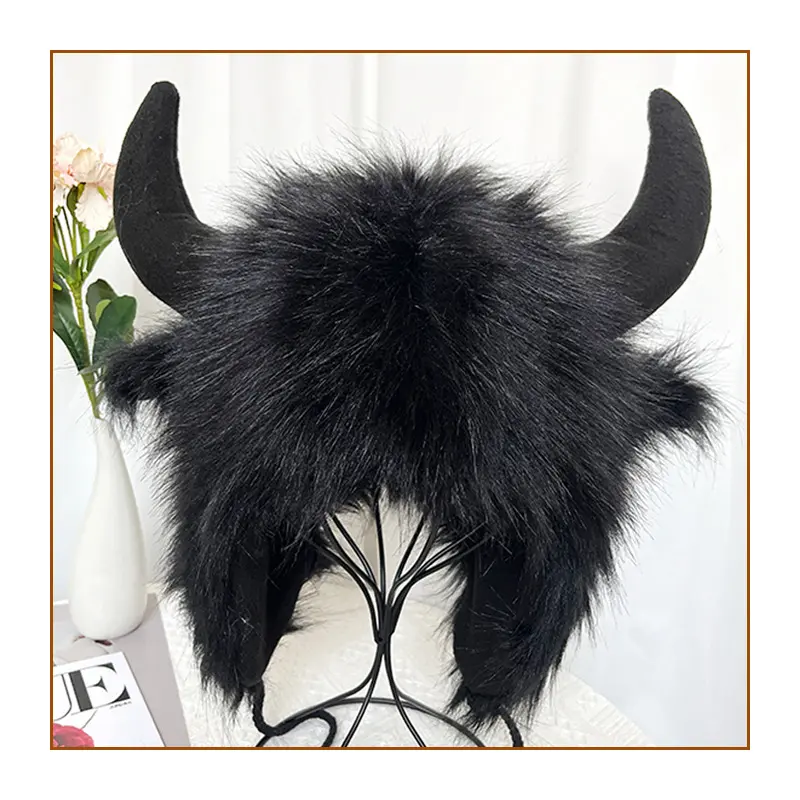 Imitation Fox Hair Cow Horn Ear Protection Hat Personalized Creativity Strange and Funny Warm Thick Winter Ear Protection Woolen