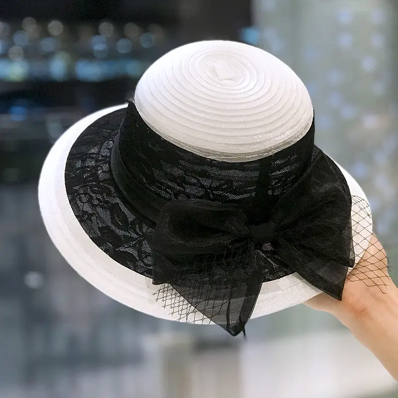 Summer Fashion Lace Mesh Fisherman Hat Women Hepburn Style Color Blocked Retro Top Hat Elegant Bow Sun Hat