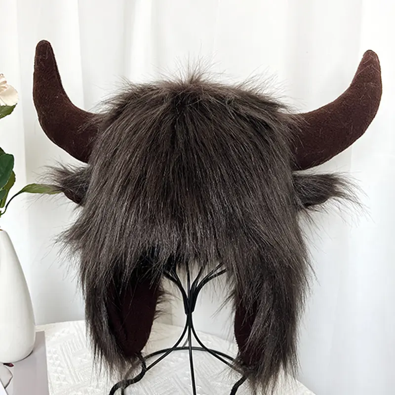 Imitation Fox Hair Cow Horn Ear Protection Hat Personalized Creativity Strange and Funny Warm Thick Winter Ear Protection Woolen