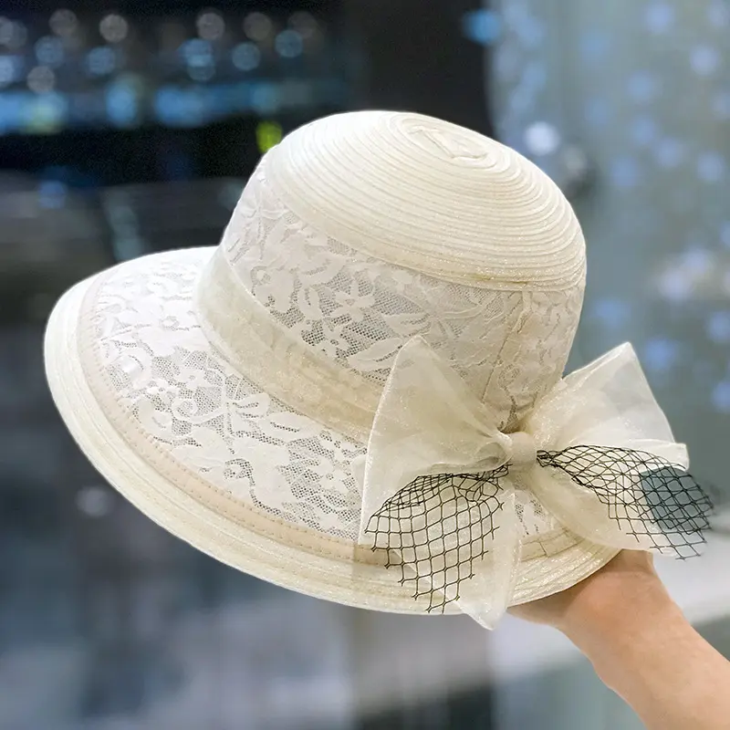 Summer Fashion Lace Mesh Fisherman Hat Women Hepburn Style Color Blocked Retro Top Hat Elegant Bow Sun Hat