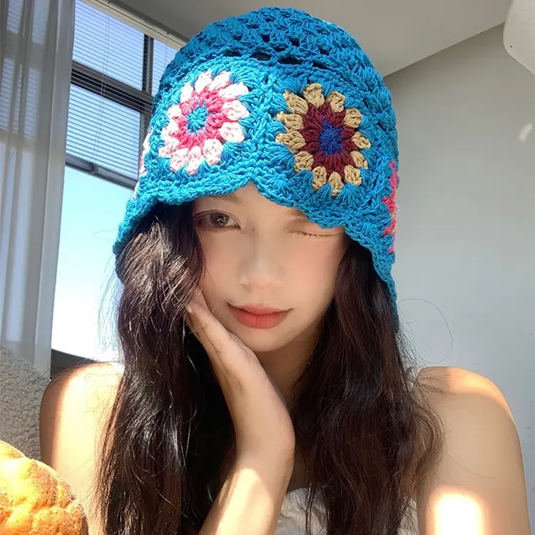 Women's Crochet Flower Beanie Hat Autumn Handmade Knitted Skullies Cap Female Hollow Beanies Cap Outdoor Foldable Sunscreen Hat