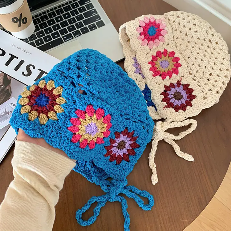 Women's Crochet Flower Beanie Hat Autumn Handmade Knitted Skullies Cap Female Hollow Beanies Cap Outdoor Foldable Sunscreen Hat