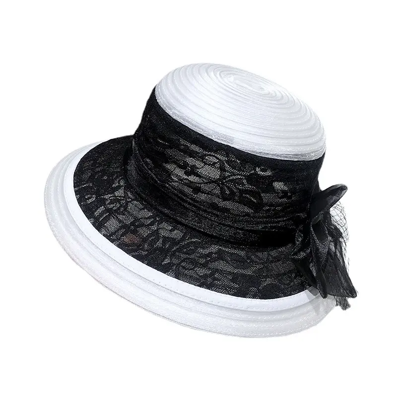 Summer Fashion Lace Mesh Fisherman Hat Women Hepburn Style Color Blocked Retro Top Hat Elegant Bow Sun Hat