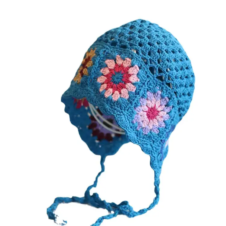 Women's Crochet Flower Beanie Hat Autumn Handmade Knitted Skullies Cap Female Hollow Beanies Cap Outdoor Foldable Sunscreen Hat