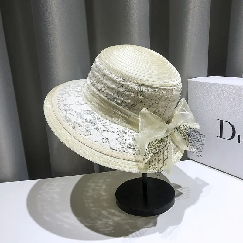 Summer Fashion Lace Mesh Fisherman Hat Women Hepburn Style Color Blocked Retro Top Hat Elegant Bow Sun Hat