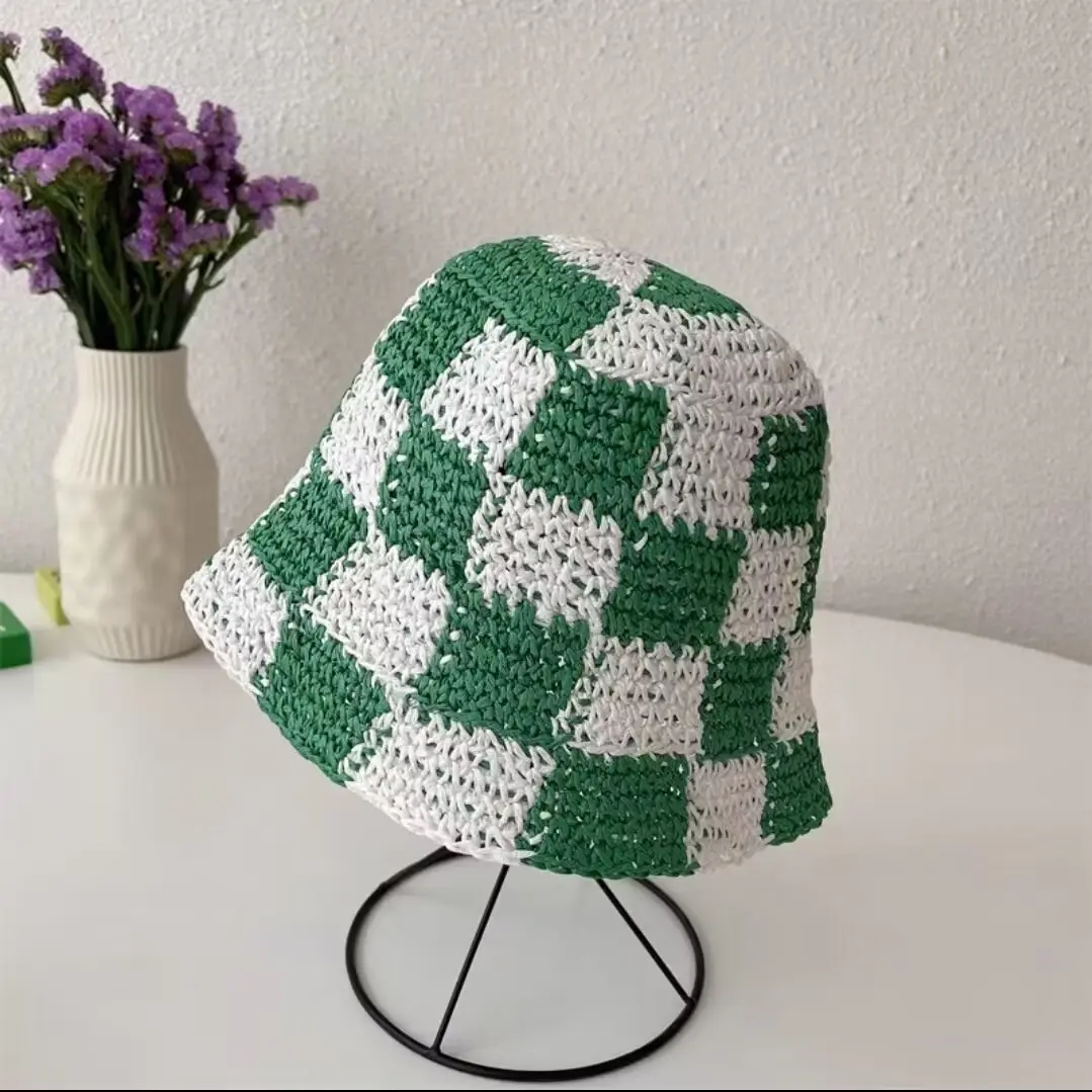 Summer Simple Plaid Handmade Crochet Bucket Hat For Women Outdoor Sunshade Breathable Checker Board Paper Straw Fisherman Cap