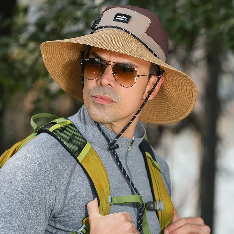 Men's Outdoor Color Blocking UV Resistant Straw Hat, Fishing Face and Neck Protection, Sun Basin Hat, Fabric Splicing Sun Hat