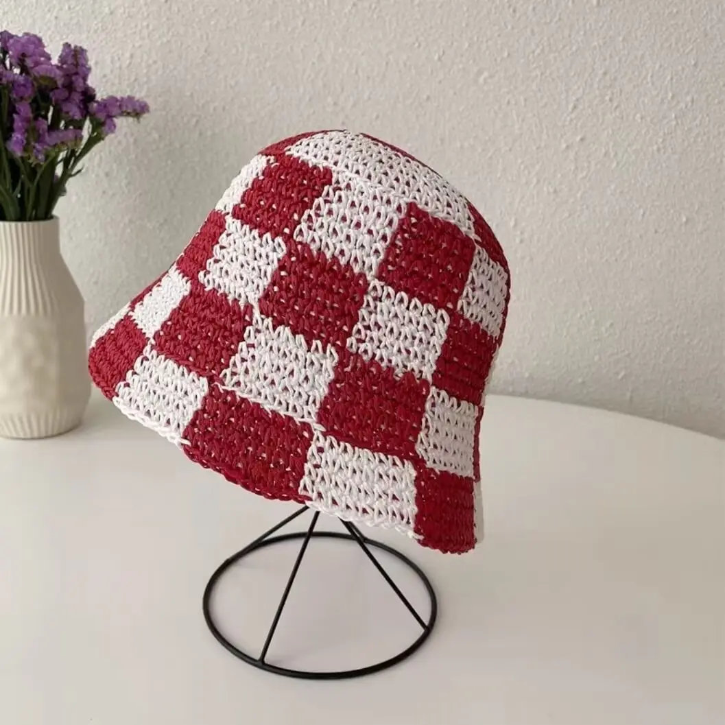 Summer Simple Plaid Handmade Crochet Bucket Hat For Women Outdoor Sunshade Breathable Checker Board Paper Straw Fisherman Cap