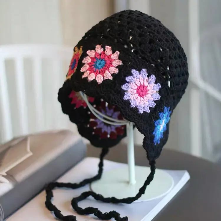 Women's Crochet Flower Beanie Hat Autumn Handmade Knitted Skullies Cap Female Hollow Beanies Cap Outdoor Foldable Sunscreen Hat