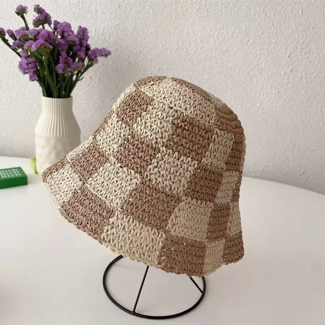 Summer Simple Plaid Handmade Crochet Bucket Hat For Women Outdoor Sunshade Breathable Checker Board Paper Straw Fisherman Cap