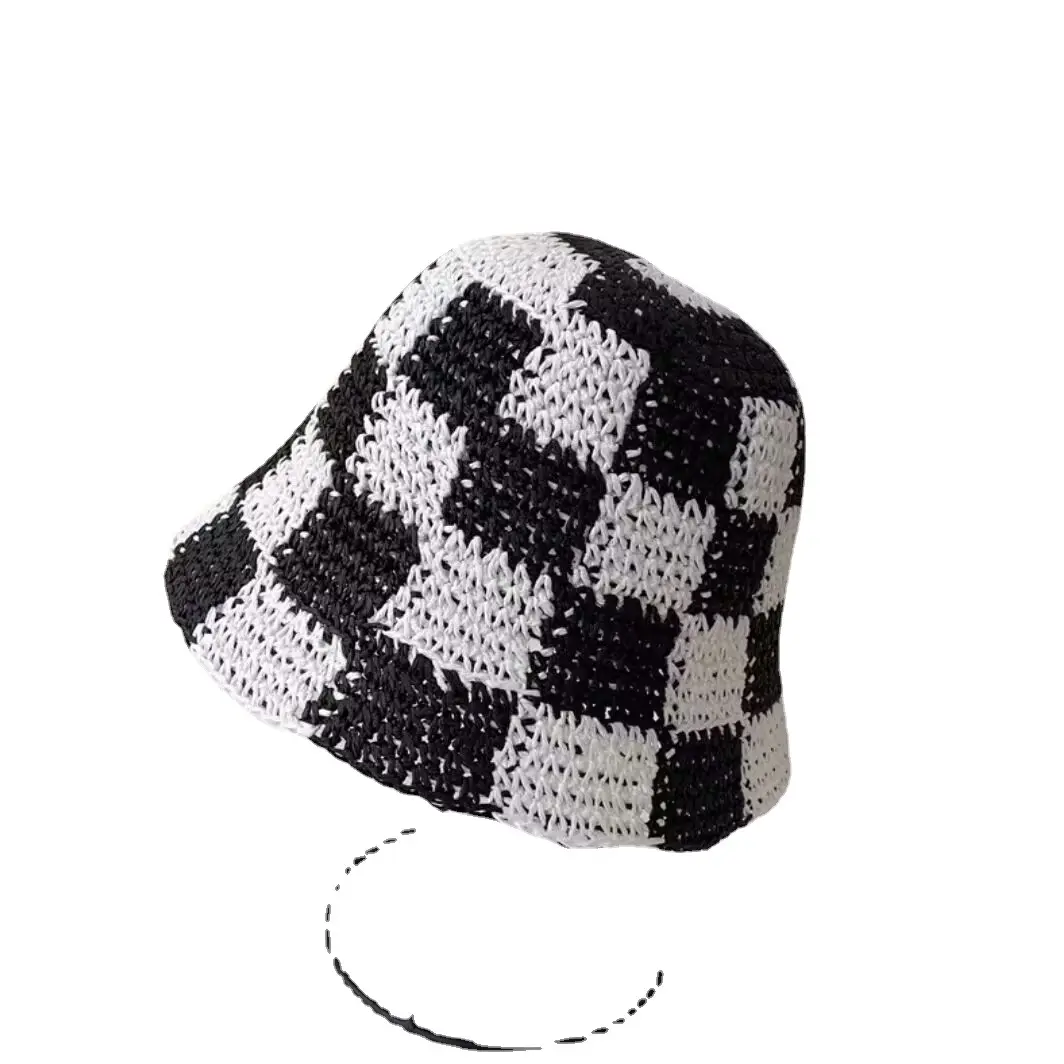 Summer Simple Plaid Handmade Crochet Bucket Hat For Women Outdoor Sunshade Breathable Checker Board Paper Straw Fisherman Cap