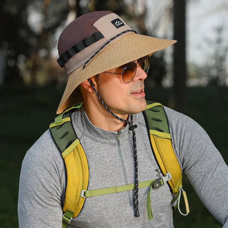 Men's Outdoor Color Blocking UV Resistant Straw Hat, Fishing Face and Neck Protection, Sun Basin Hat, Fabric Splicing Sun Hat