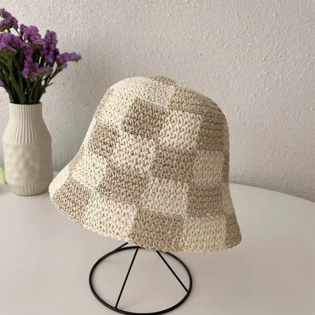 Summer Simple Plaid Handmade Crochet Bucket Hat For Women Outdoor Sunshade Breathable Checker Board Paper Straw Fisherman Cap