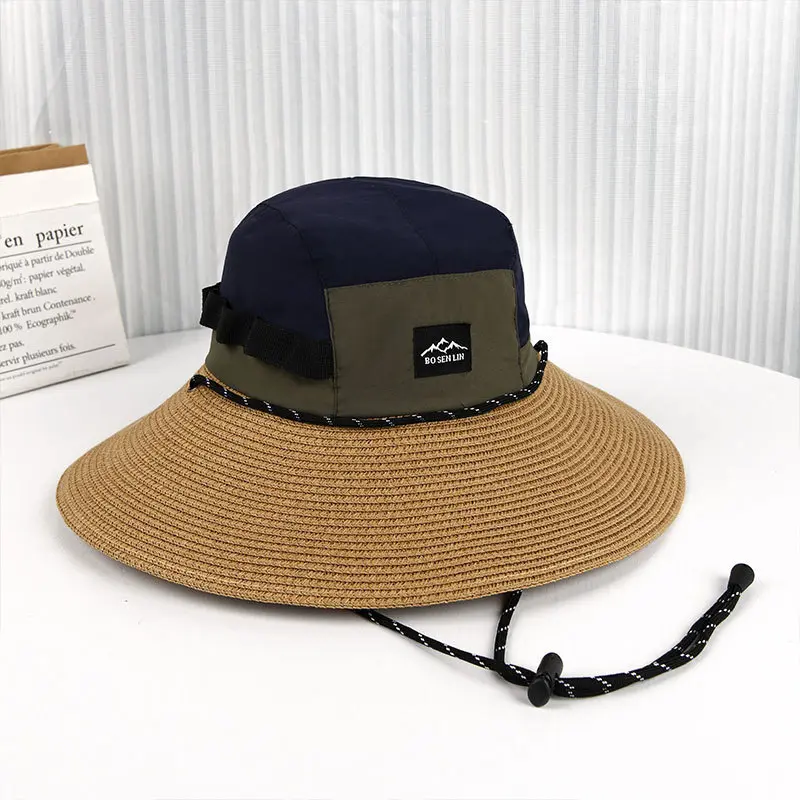 Men's Outdoor Color Blocking UV Resistant Straw Hat, Fishing Face and Neck Protection, Sun Basin Hat, Fabric Splicing Sun Hat